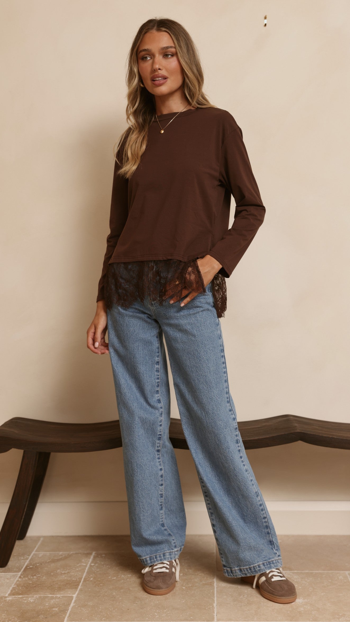Alina Lace Trim Top - Chocolate