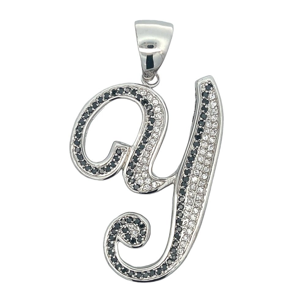 Flat Cursive Initial Letter Black & White CZ Iced Out Pendant