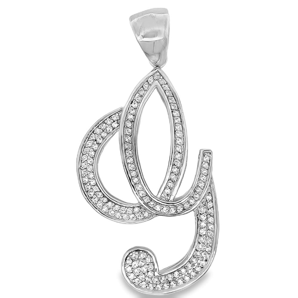Flat Cursive Initial Letter White CZ Iced Out Pendant