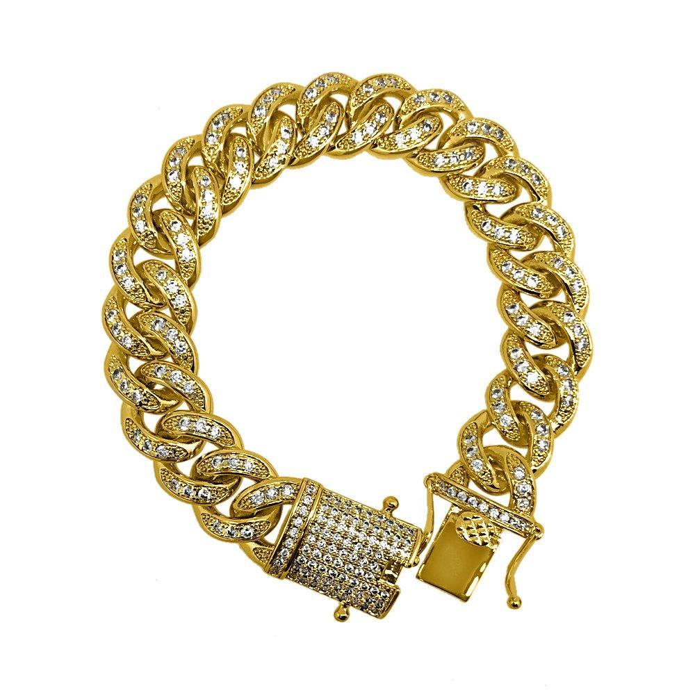 Gold 12MM Miami Cuban CZ Bling Ice Lock Bracelet