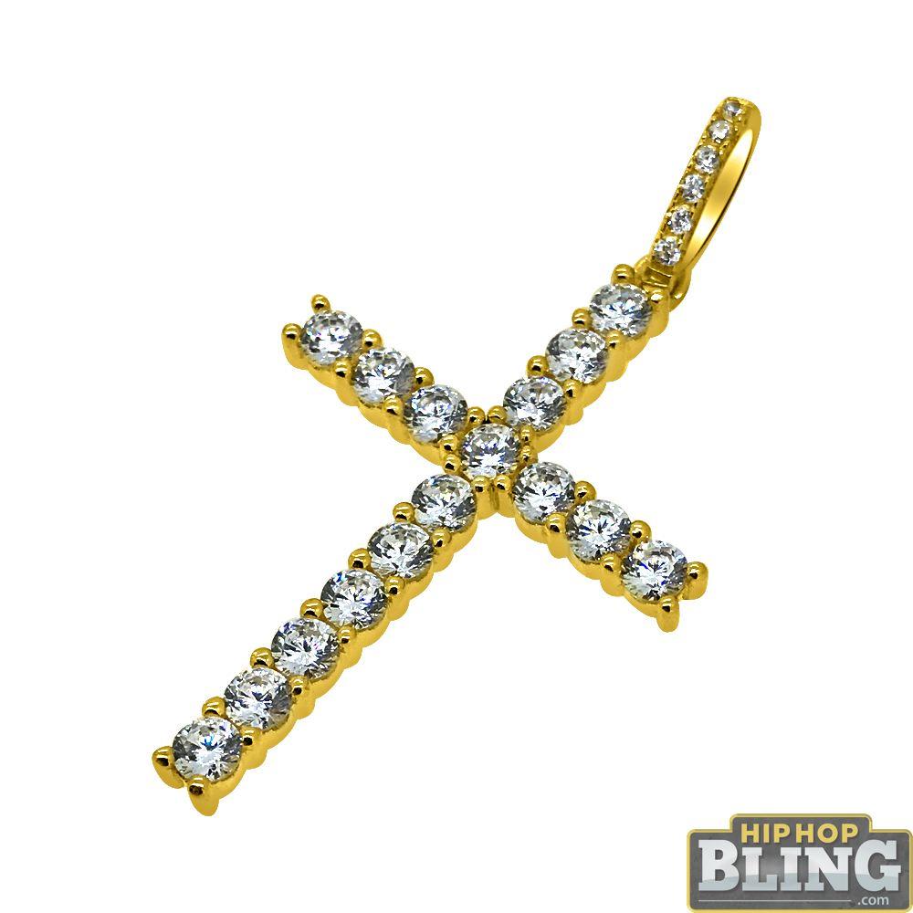 Gold 3MM CZ Tennis Cross Pendant .925 Sterling Silver
