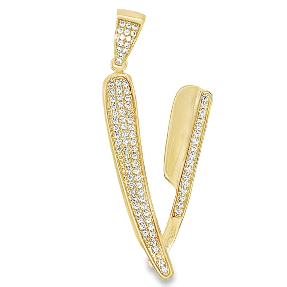 Gold Barber Razor CZ Iced Out Pendant