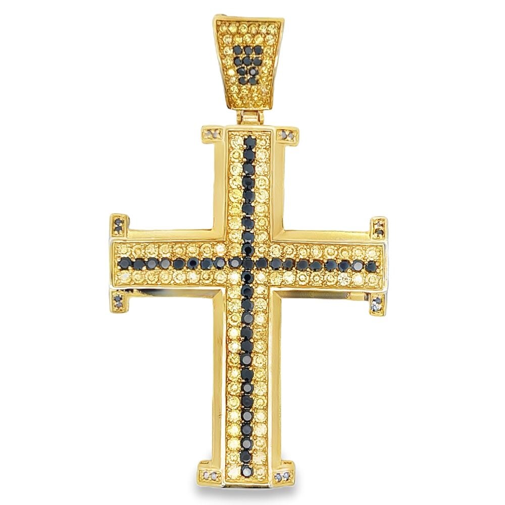 Gold Black & Yellow CZ Iced Out Cross Potent Pendant