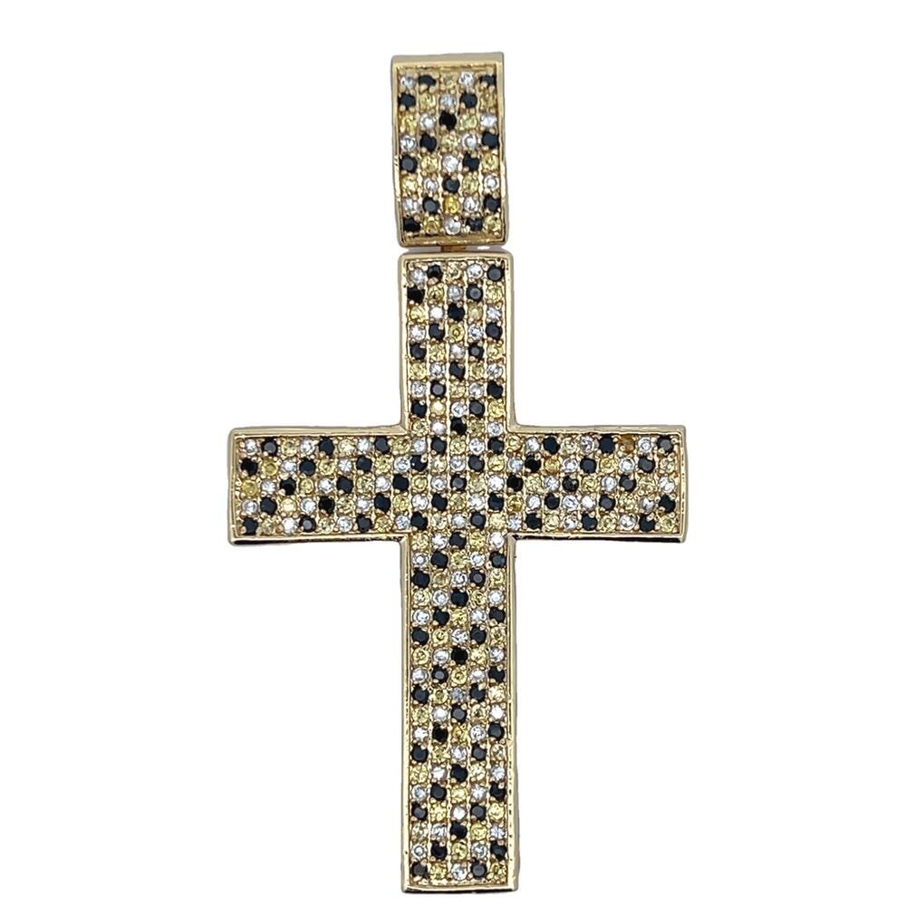 Gold Checkered Black & White CZ Cross Iced Out Pendant
