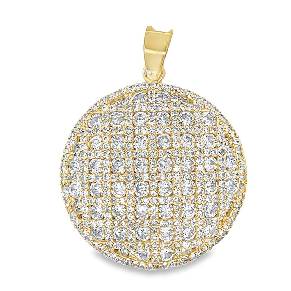 Gold Circle Pie CZ Iced Out Pendant .925 Sterling Silver