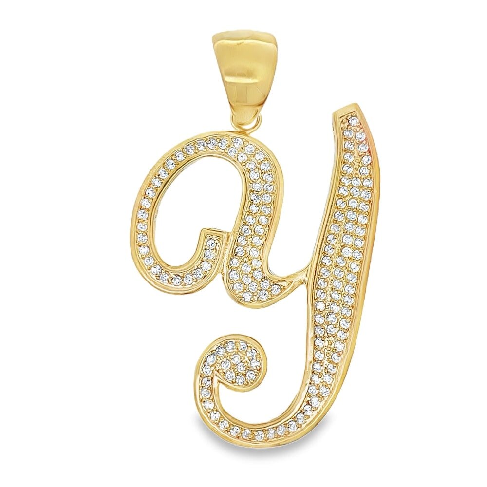 Gold Flat Cursive Initial Letter CZ Iced Out Pendant