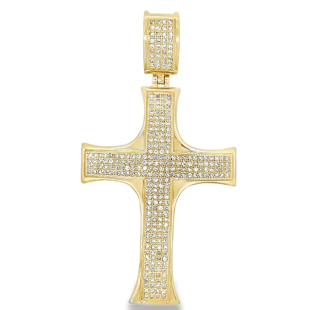 Gold Pointed Edge Cross CZ Iced Out Pendant .925 Sterling Silver