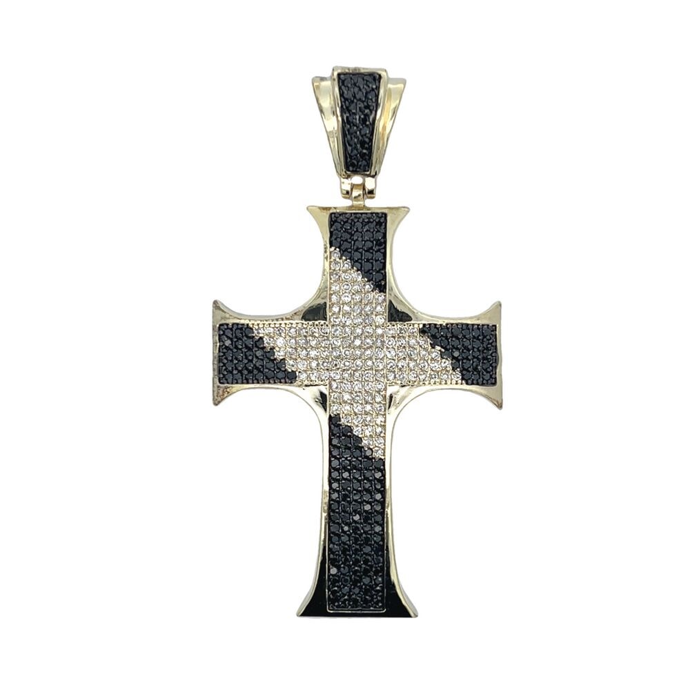 Gold Pointy Edges Diagonal Black White CZ Cross Iced Out Pendant