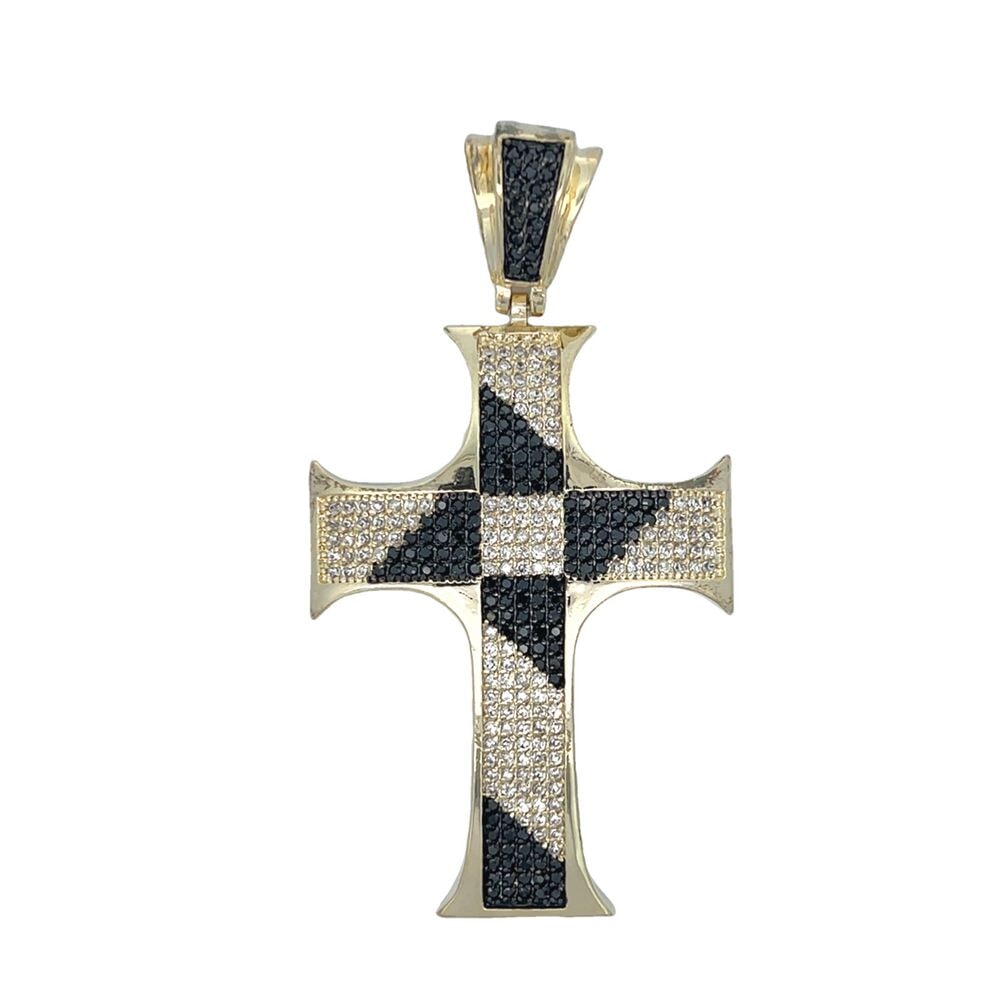 Gold Pointy Edges Pinwheel Black White CZ Cross Iced Out Pendant