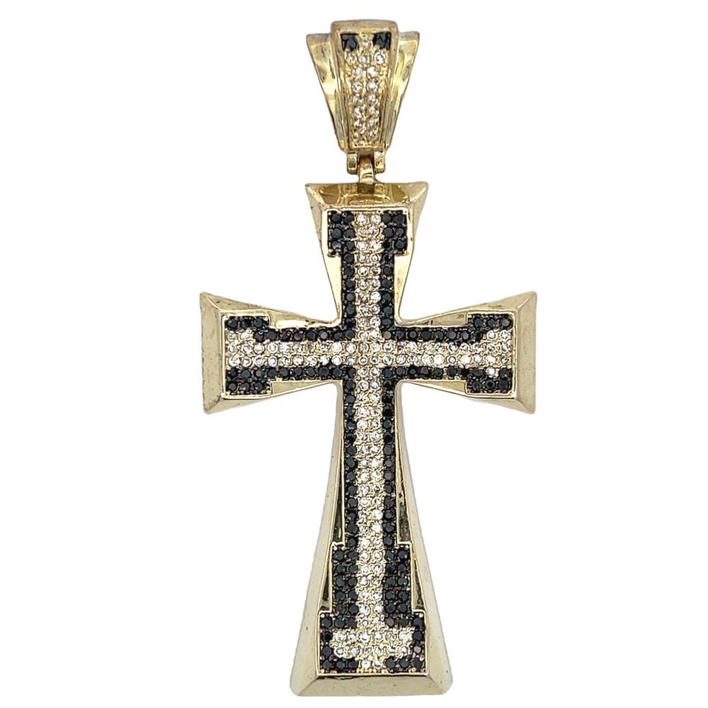 Gold Tapered Cross Black & White CZ Iced Out Pendant