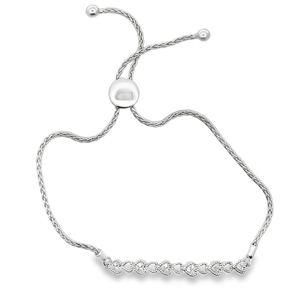 Heart Beaded Link .10cttw Diamond Bolo Bracelet .925 Sterling Silver