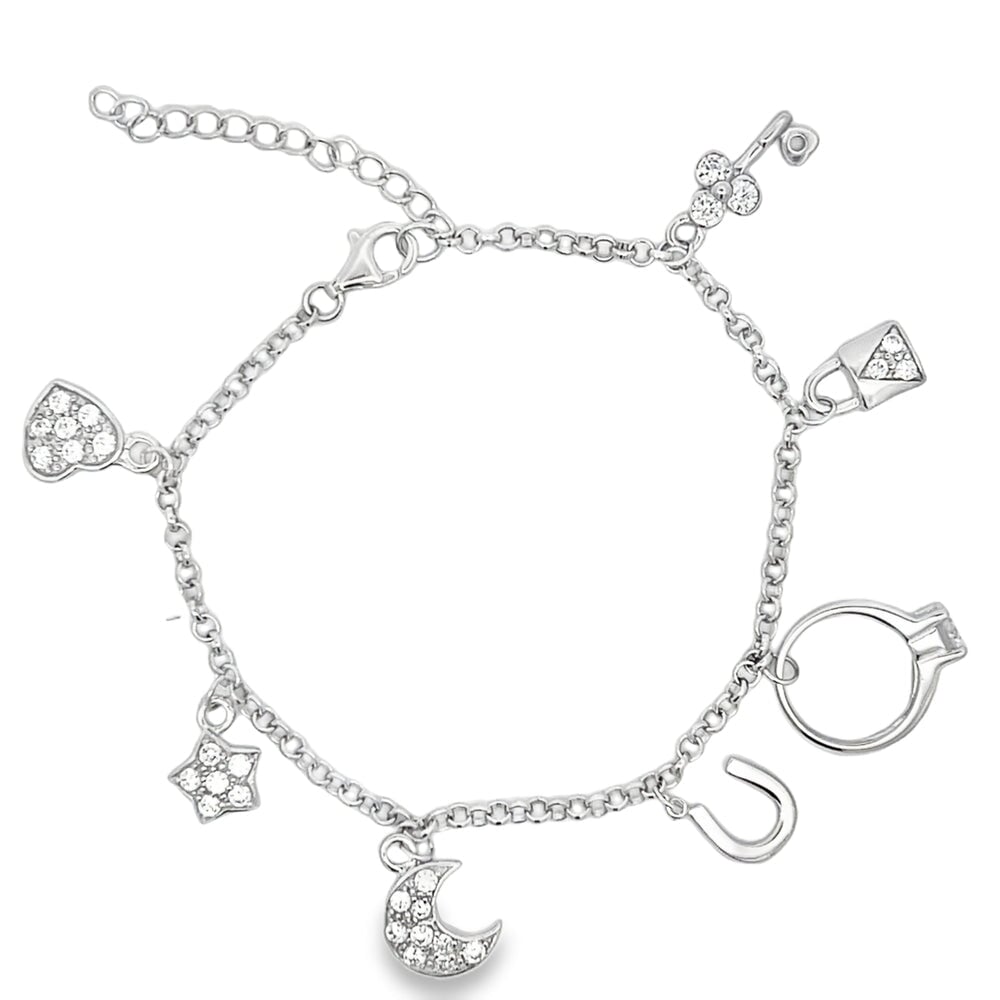 Heart Moon & Star Charm Bracelet .925 Sterling Silver