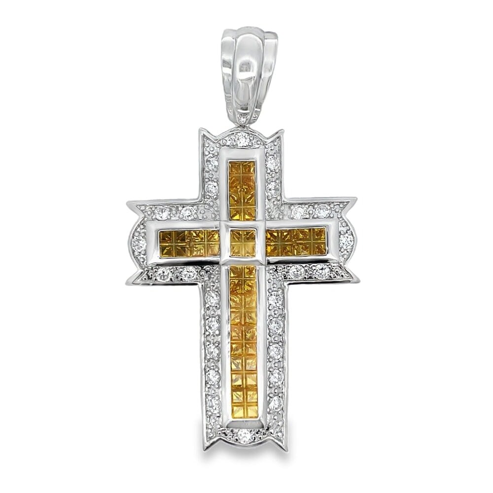 Imperial Cross Canary & White CZ Pendant .925 Sterling Silver