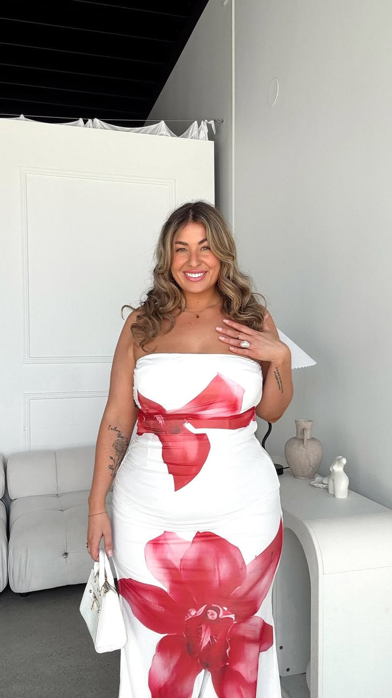 Brittani Strapless Maxi Dress - White/Red