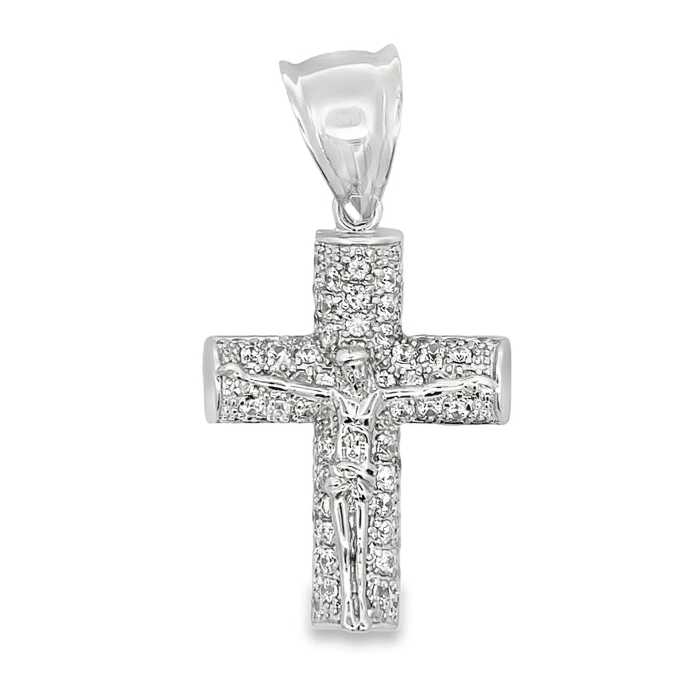 Jesus Crucifix Log Cross CZ Pendant .925 Sterling Silver