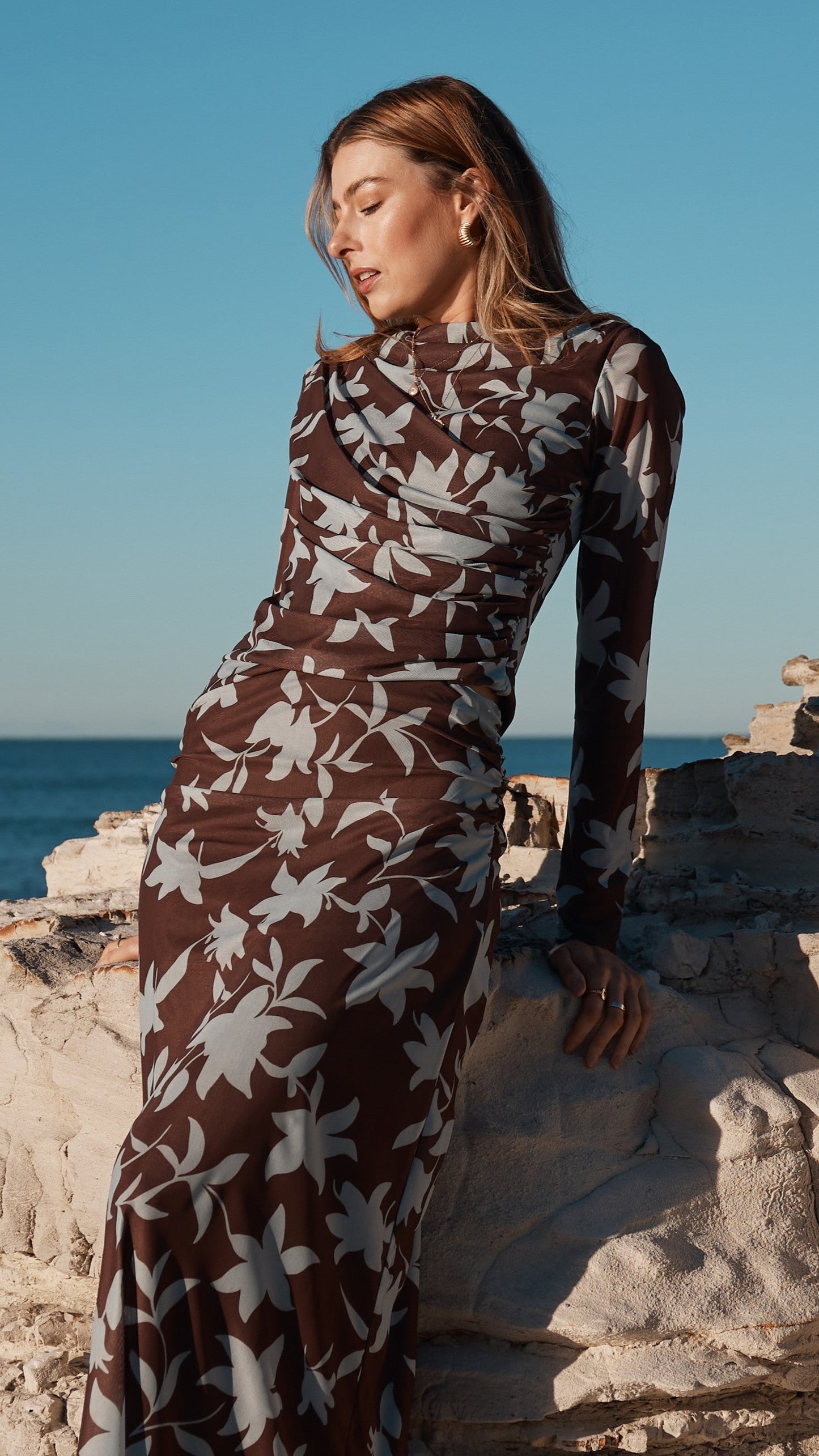 Adira Long Sleeve Top - Chocolate/Blue Print