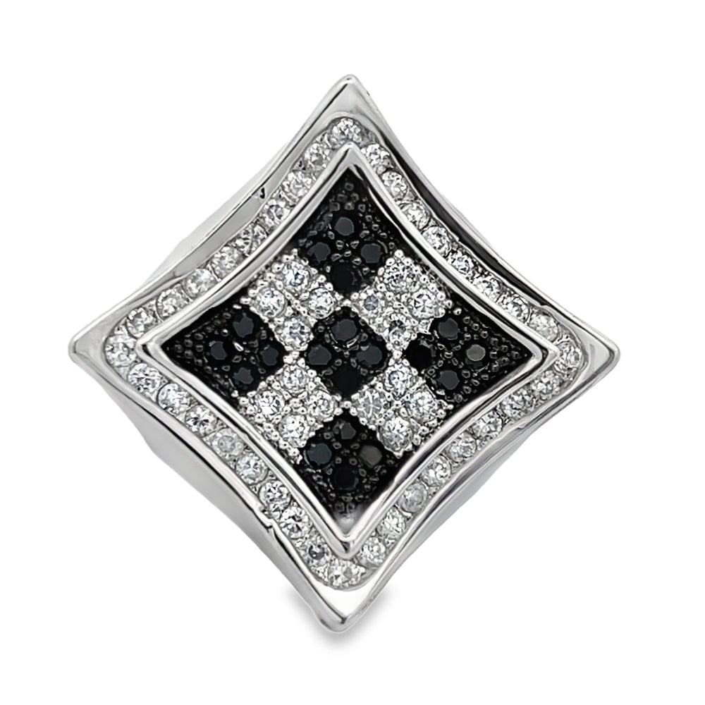 Kite Halo Checker Black & White CZ Ring .925 Sterling Silver