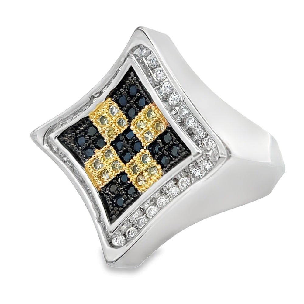 Kite Halo Checker Black & Yellow CZ Ring .925 Sterling Silver