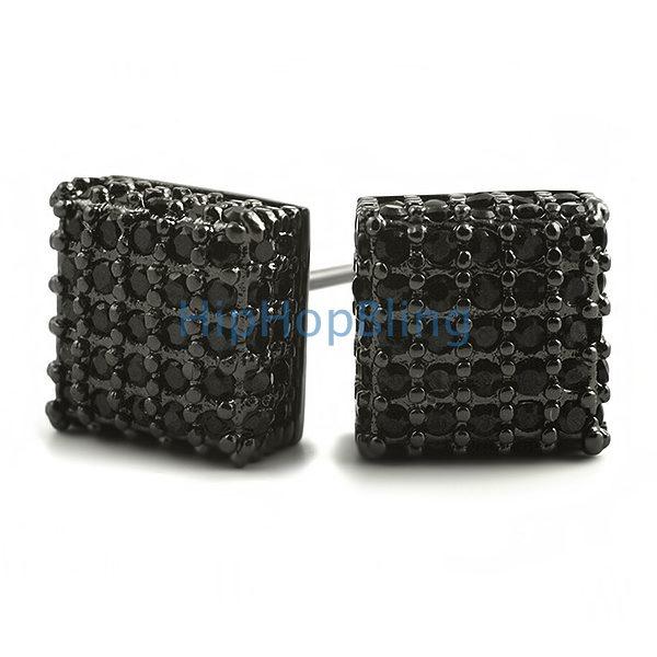 Large 3D Box Black CZ Iced Out Earrings