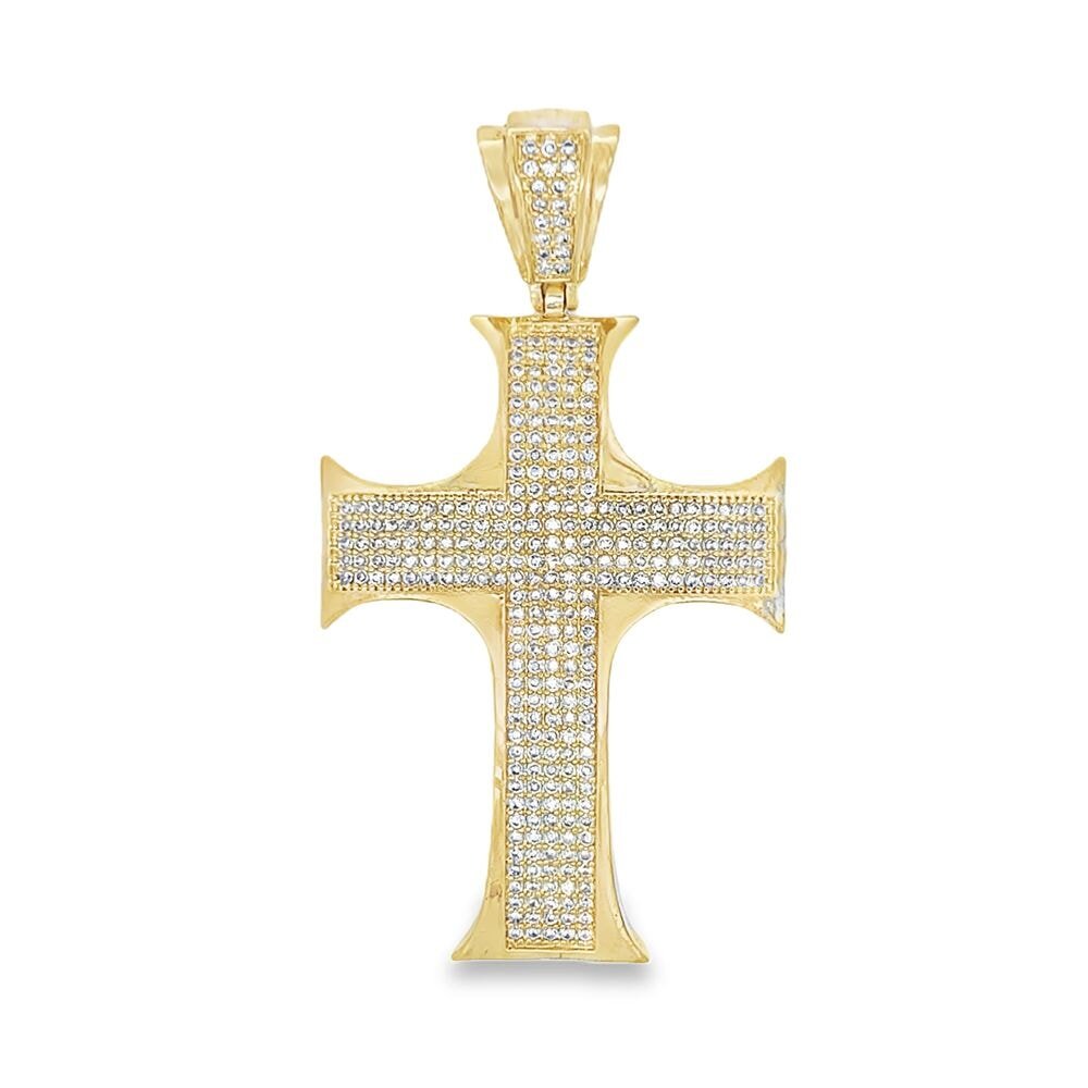 Large Gold Pointy Edges CZ Cross Iced Out Pendant