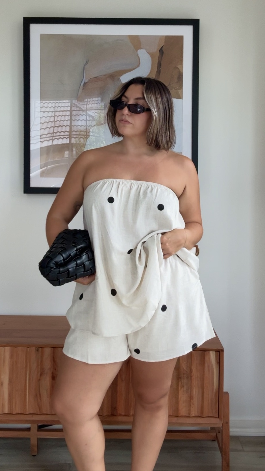 Calliope Strapless Top and Shorts Set - Oat/Black Polka Dot