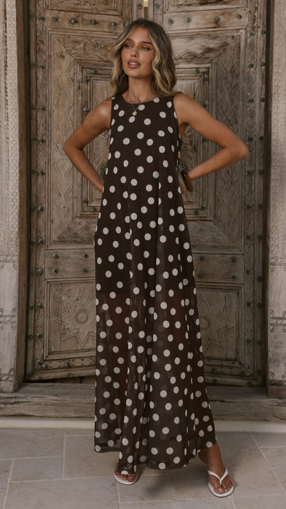 Amryn Maxi Dress - Choc/White Polka Dot