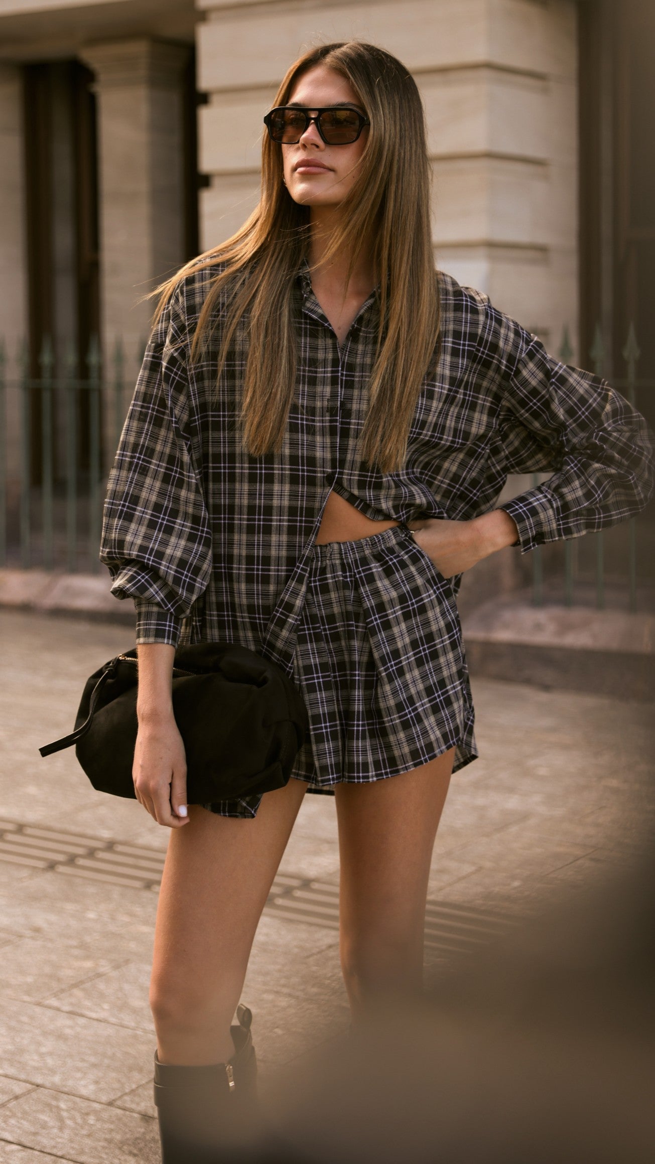 Arli Button Up Shirt - Black/Beige Plaid