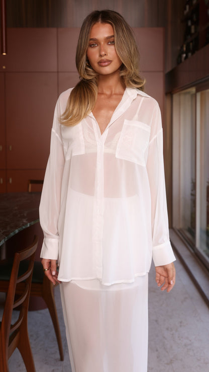 Adella Sheer Long Sleeve Top and Maxi Skirt Set - White