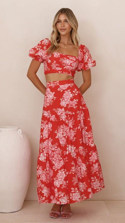 Calla Top and Maxi Skirt Set - Red Floral