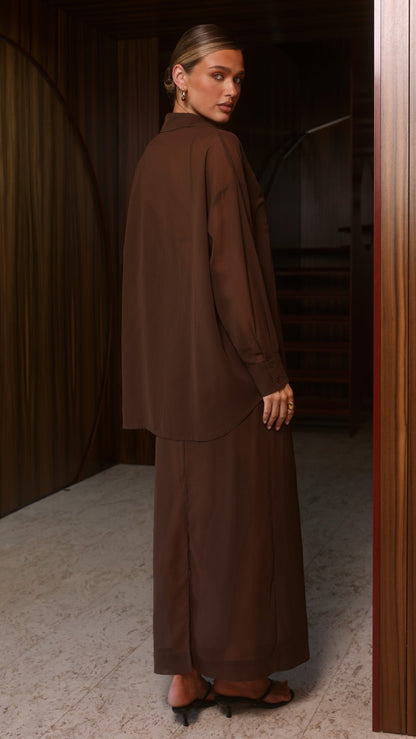 Adella Sheer Long Sleeve Top and Maxi Skirt Set - Chocolate