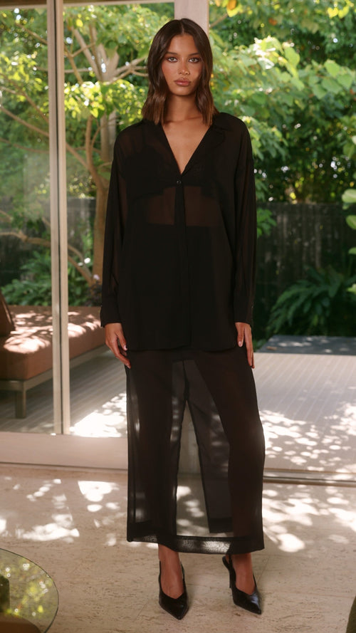 Adella Sheer Long Sleeve Top and Maxi Skirt Set - Black
