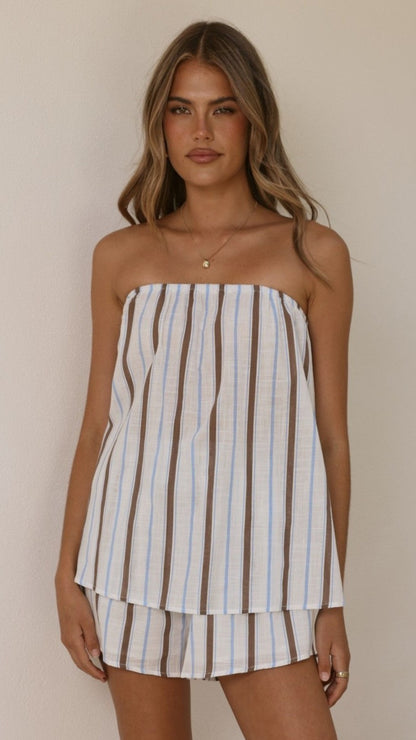 Calliope Strapless Top and Shorts Set - Choc/Blue Stripe