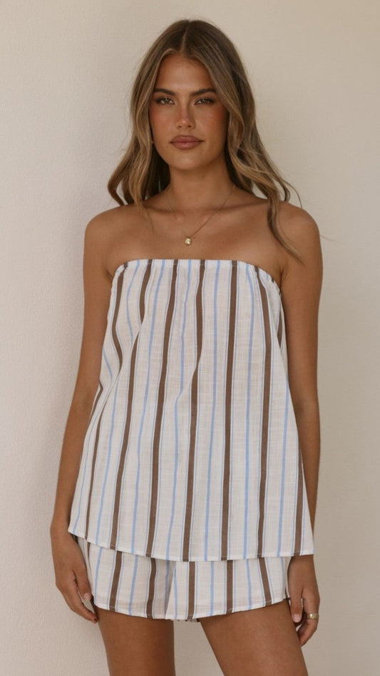 Calliope Strapless Top and Shorts Set - Choc/Blue Stripe