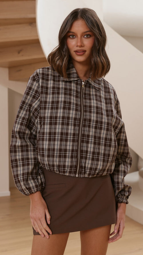 Brax Bomber Jacket - Choc/Beige Plaid