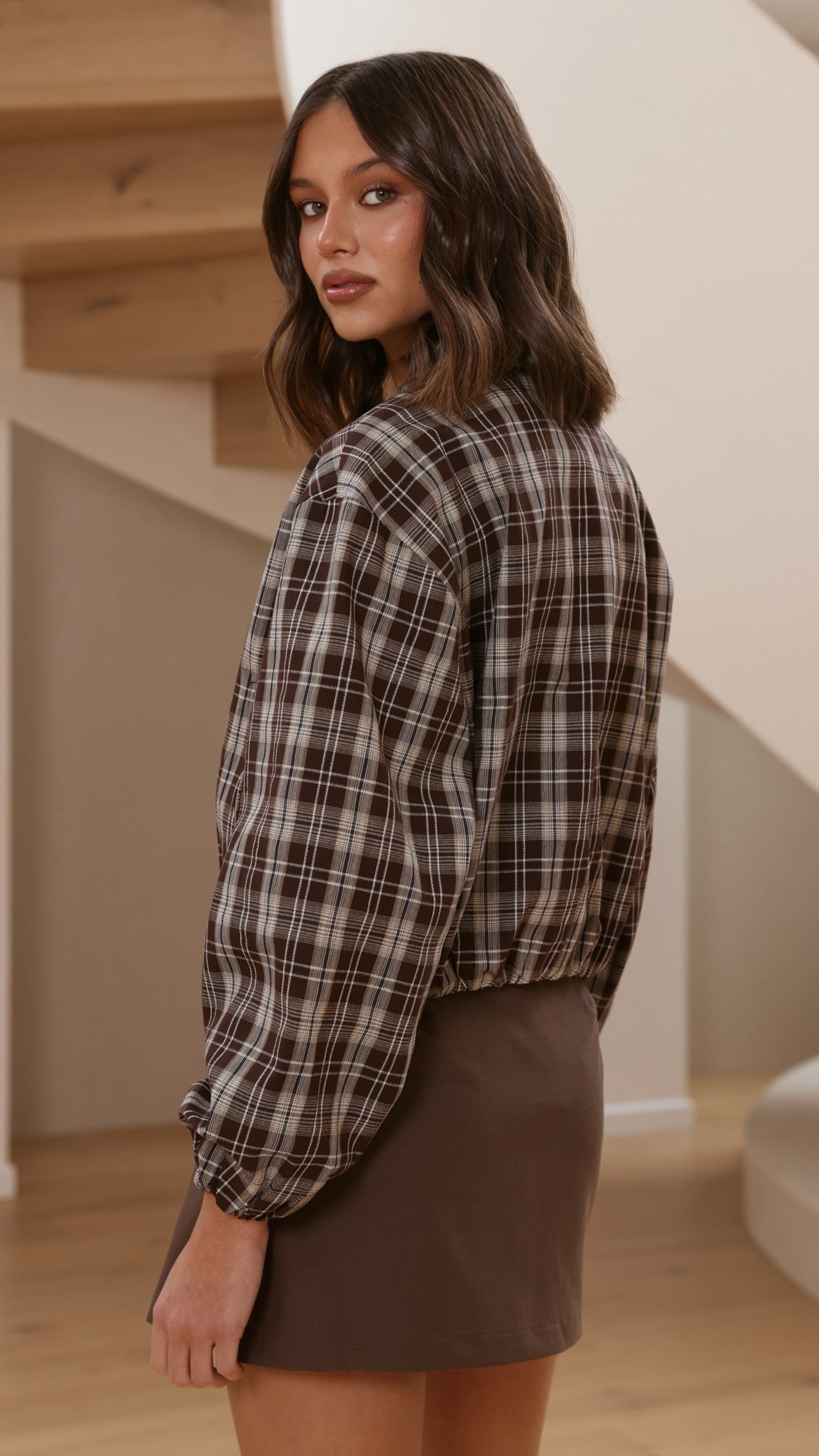 Brax Bomber Jacket - Choc/Beige Plaid