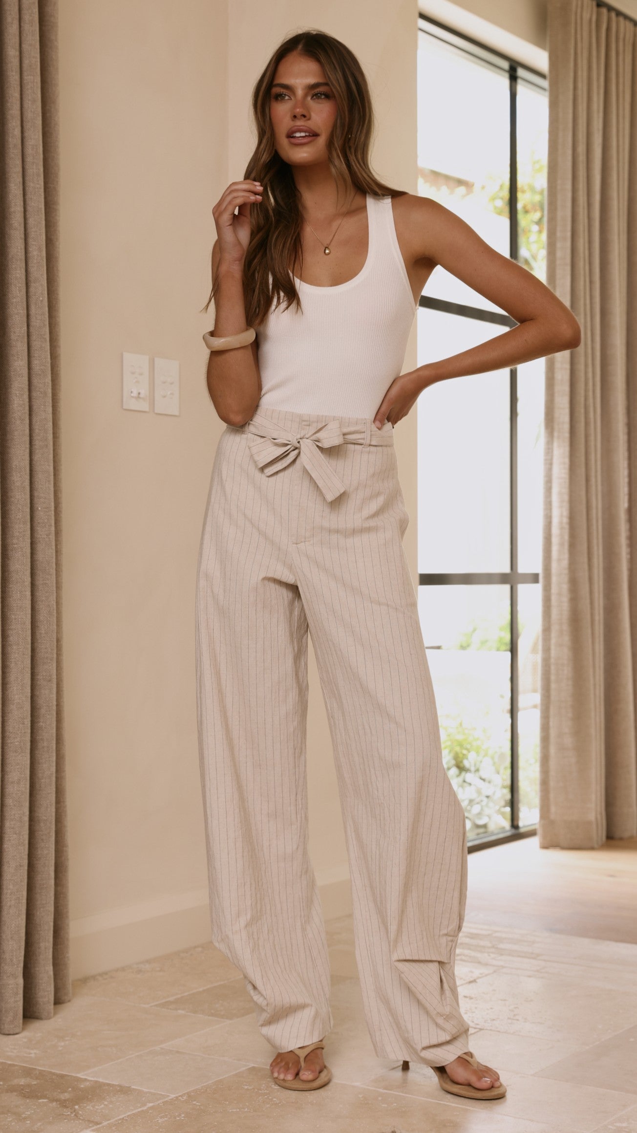 Audrey Pinstripe Tapered Pant - Stone