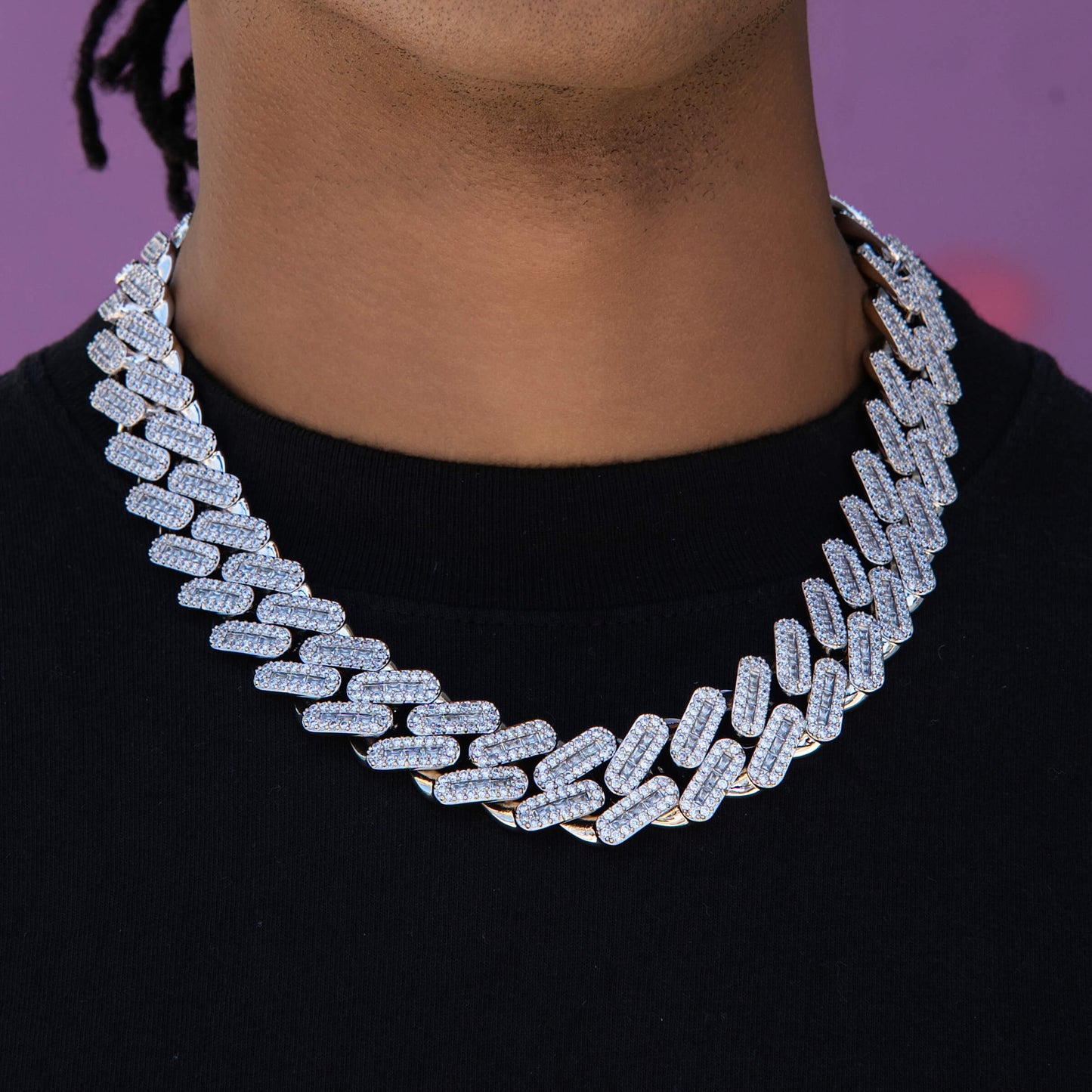 Diamond Baguette Tight Link Cuban Chain Necklace in White Gold - 19mm