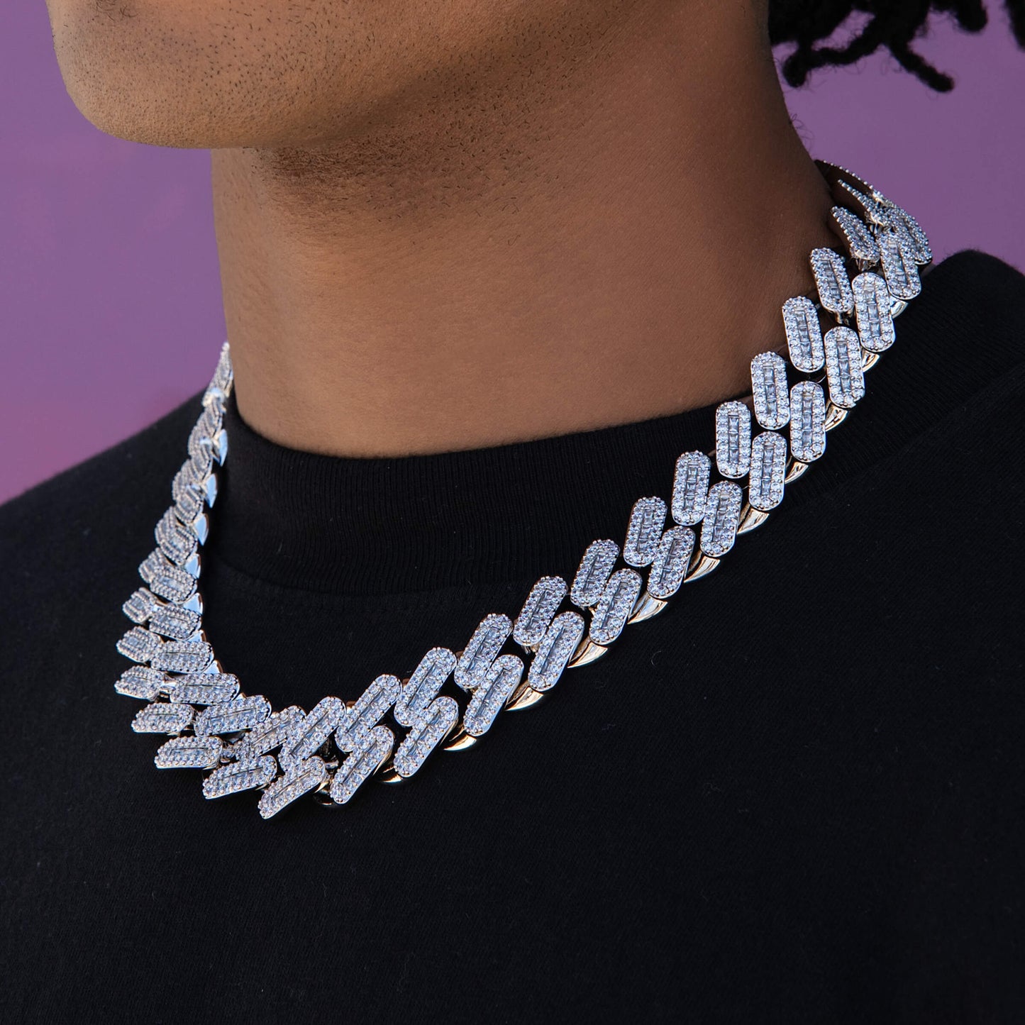 Diamond Baguette Tight Link Cuban Chain Necklace in White Gold - 19mm