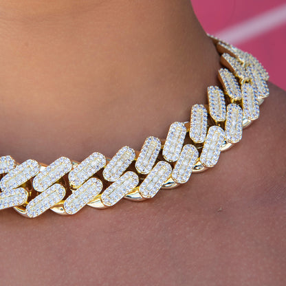Diamond Baguette Tight Link Cuban Necklace in Yellow Gold - 19mm