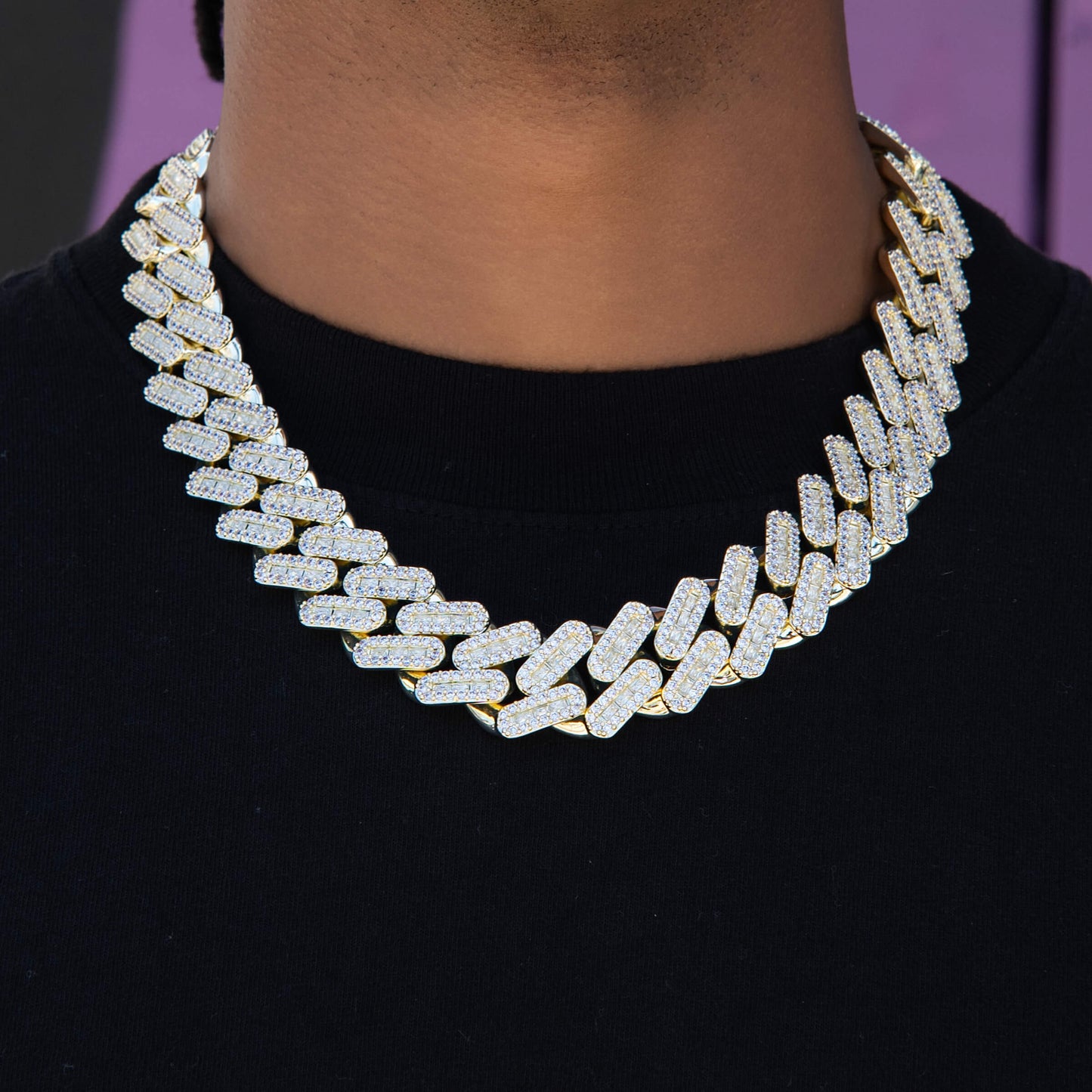 Diamond Baguette Tight Link Cuban Chain Necklace in Yellow Gold - 19mm