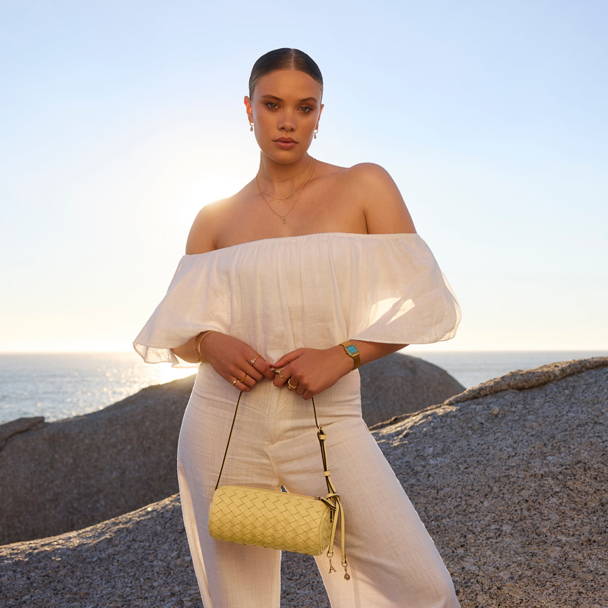 Woven Leather Barrel Bag (Butter Yellow)
