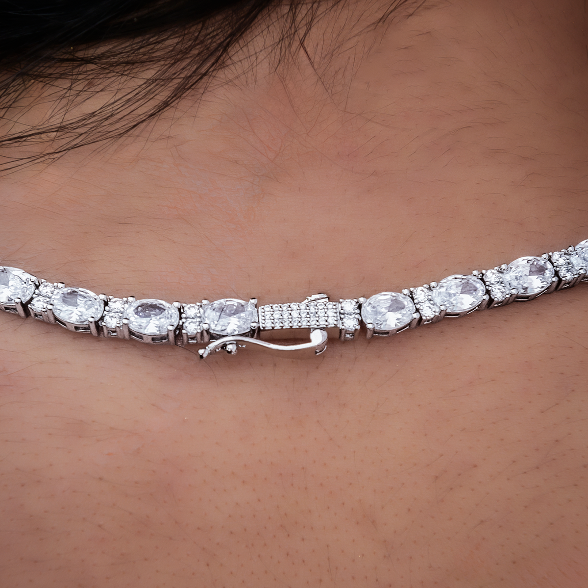 Diamond Mixed Oval Cut Tennis Necklace in White Gold - 5mm