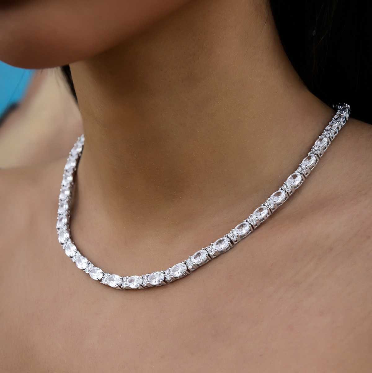 Diamond Mixed Oval Cut Tennis Necklace in White Gold - 5mm