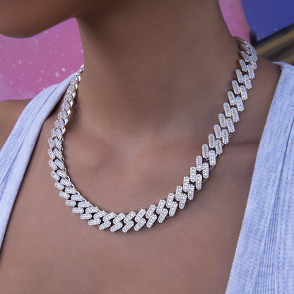 Diamond Baguette Cuban Necklace in White Gold- 12mm