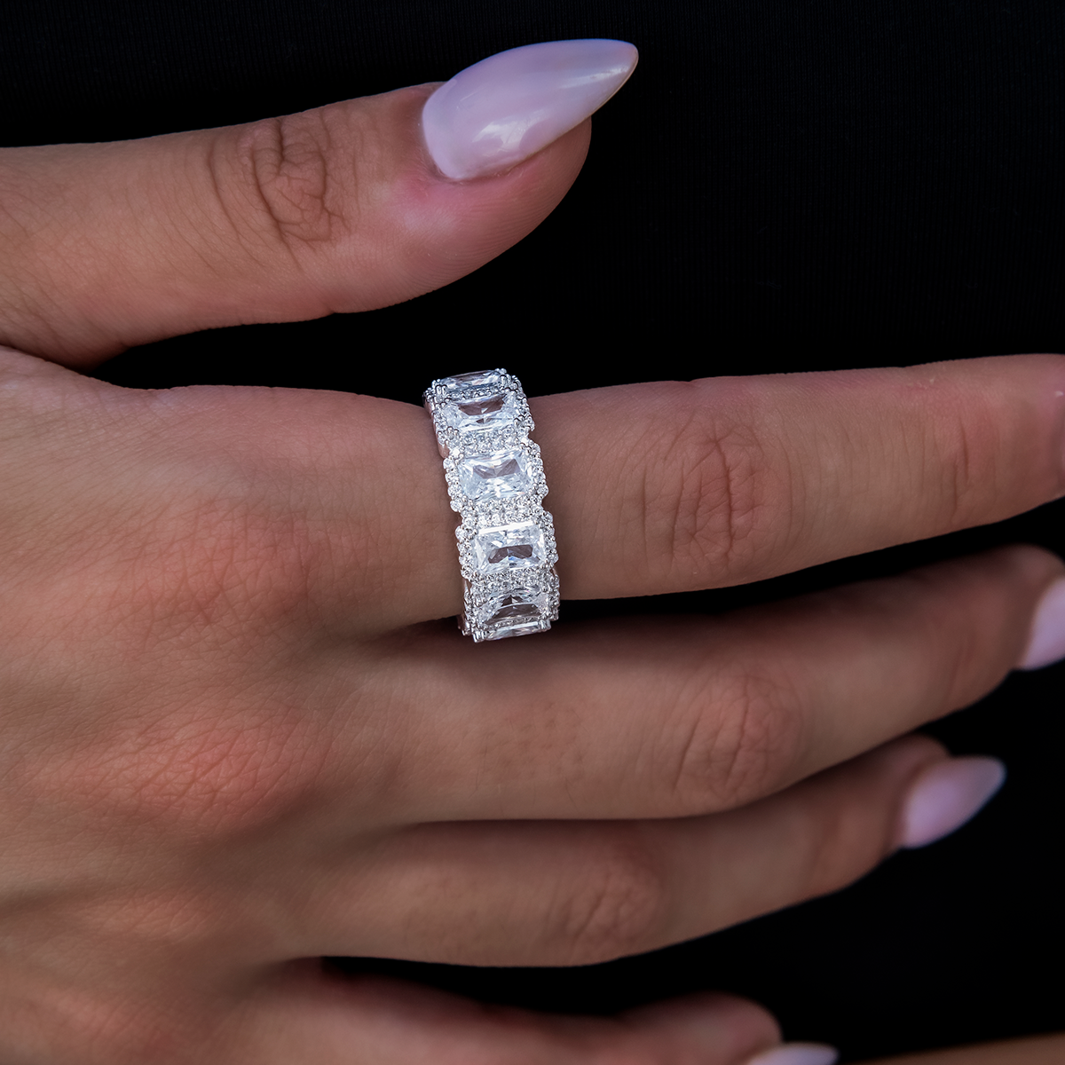 Diamond Baguette Halo Ring in White Gold Vermeil