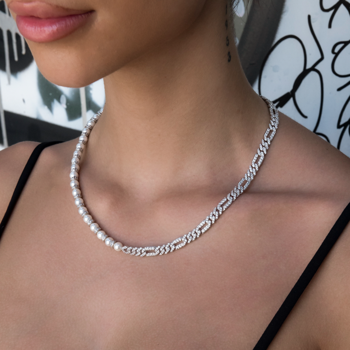 Diamond Figaro Pearl Necklace