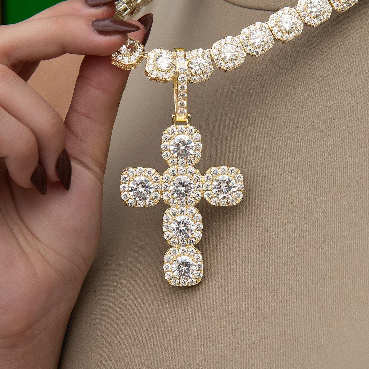 Cushion Cut Stone Cross Pendant in Yellow Gold