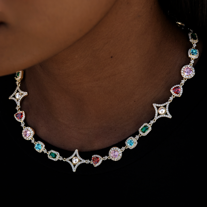 Colored Gemstone Pearl Necklace in Yellow Gold - 17mm