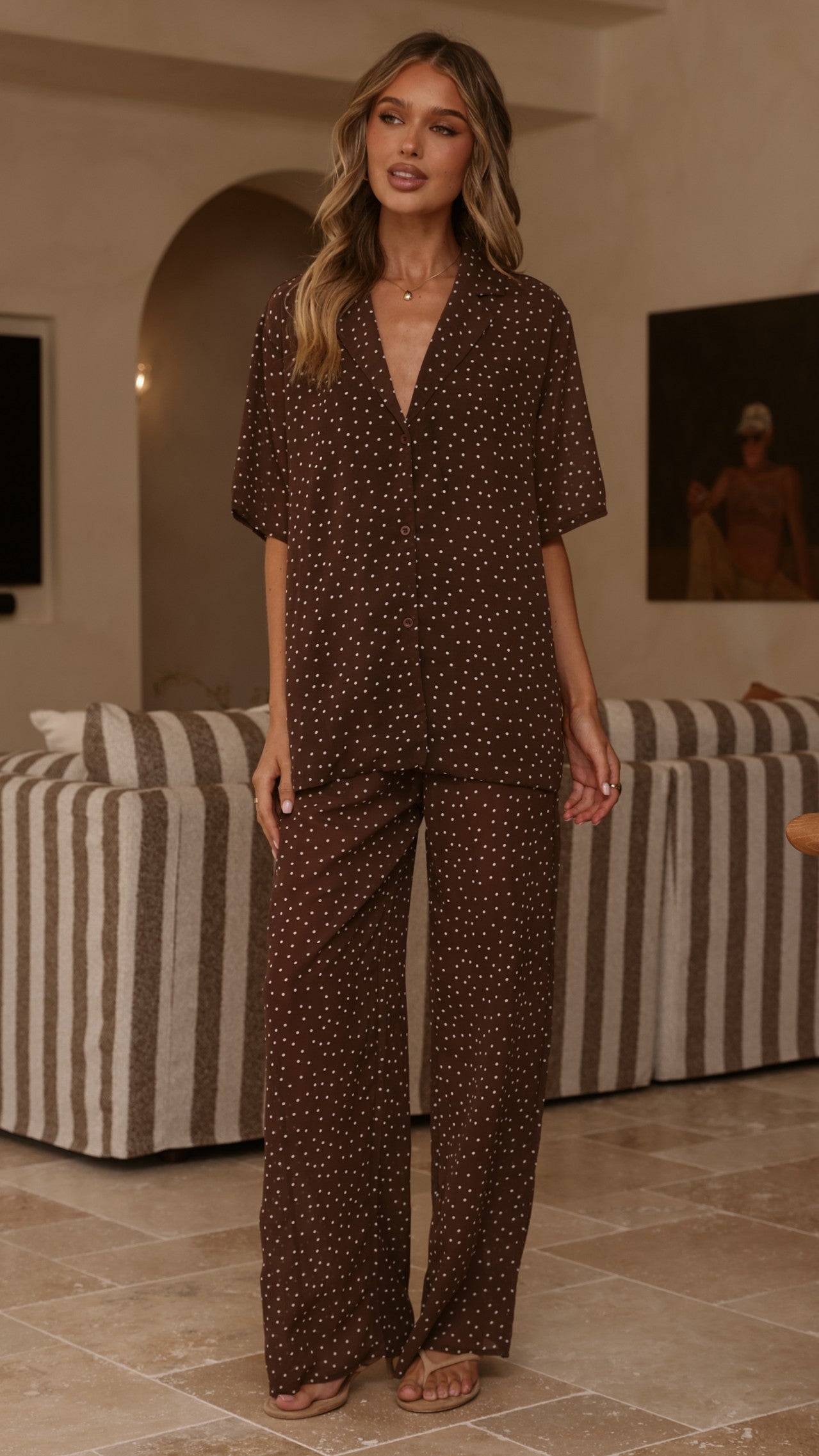 Ashleigh Sheer Shirt and Pants Set - Brown Polka