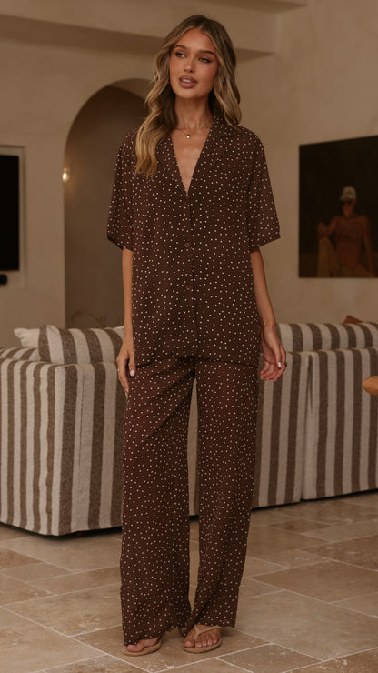 Ashleigh Sheer Shirt and Pants Set - Brown Polka